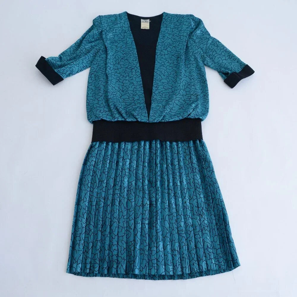 Vintage Nu Mode Petites Teal Solid Drop Waist Pleated Midi Dress 10P